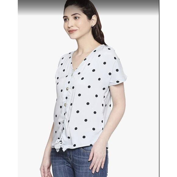 LOFT Black White Polka Dot Tie-Front Button Down Blouse - Size M - Picture 1 of 7